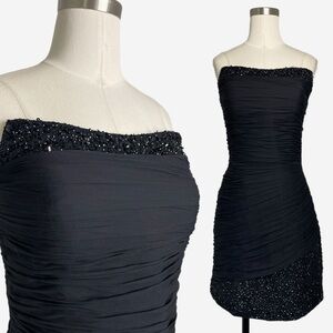Basix II Black ruched pleated silk sequin beaded strapless mini dress formal S